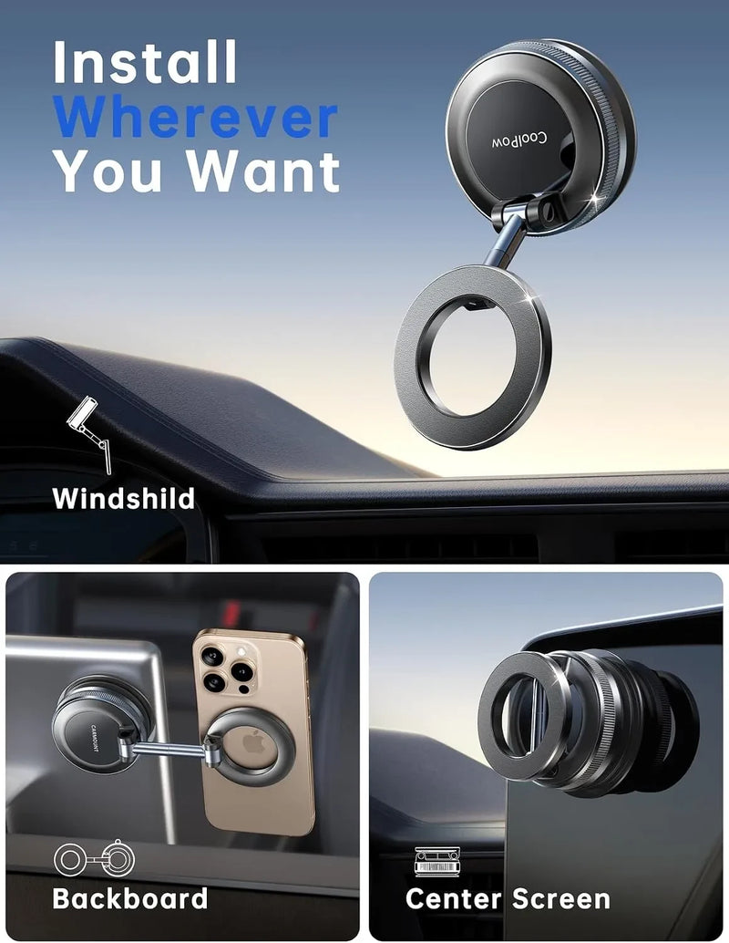 Coolpow【Newest Vacuum Magnetic Phone Holder for Car Phone Holder Mount【Movable Vacuum Suction】Magsafe Car Mount Cell Phone Holders for Your Car Accessories for Women Men for iPhone 17 16-Carbon Fiber