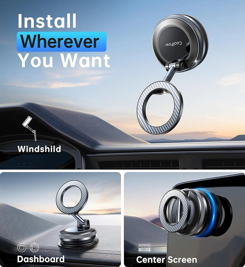 Coolpow【Newest Vacuum Magnetic Phone Holder for Car Phone Holder Mount【Movable Vacuum Suction】Magsafe Car Mount Cell Phone Holders for Your Car Accessories for Women Men for iPhone 17 16-Carbon Fiber