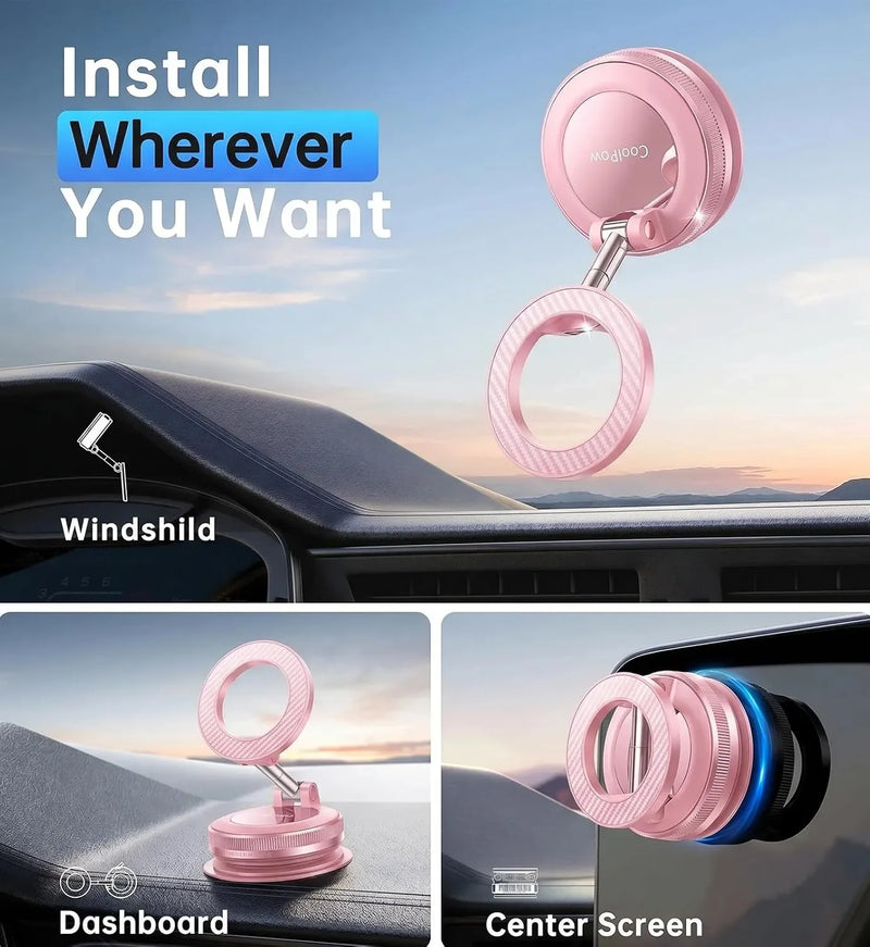 Coolpow【Newest Vacuum Magnetic Phone Holder for Car Phone Holder Mount【Movable Vacuum Suction】Magsafe Car Mount Cell Phone Holders for Your Car Accessories for Women Men for iPhone 17 16-Carbon Fiber